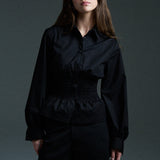 long sleeve shirred shirt - black