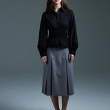 long sleeve shirred shirt - black