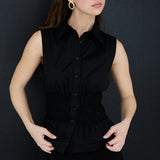 sleeveless shirred shirt - black