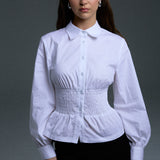 long sleeve shirred shirt - white