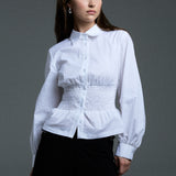 long sleeve shirred shirt - white